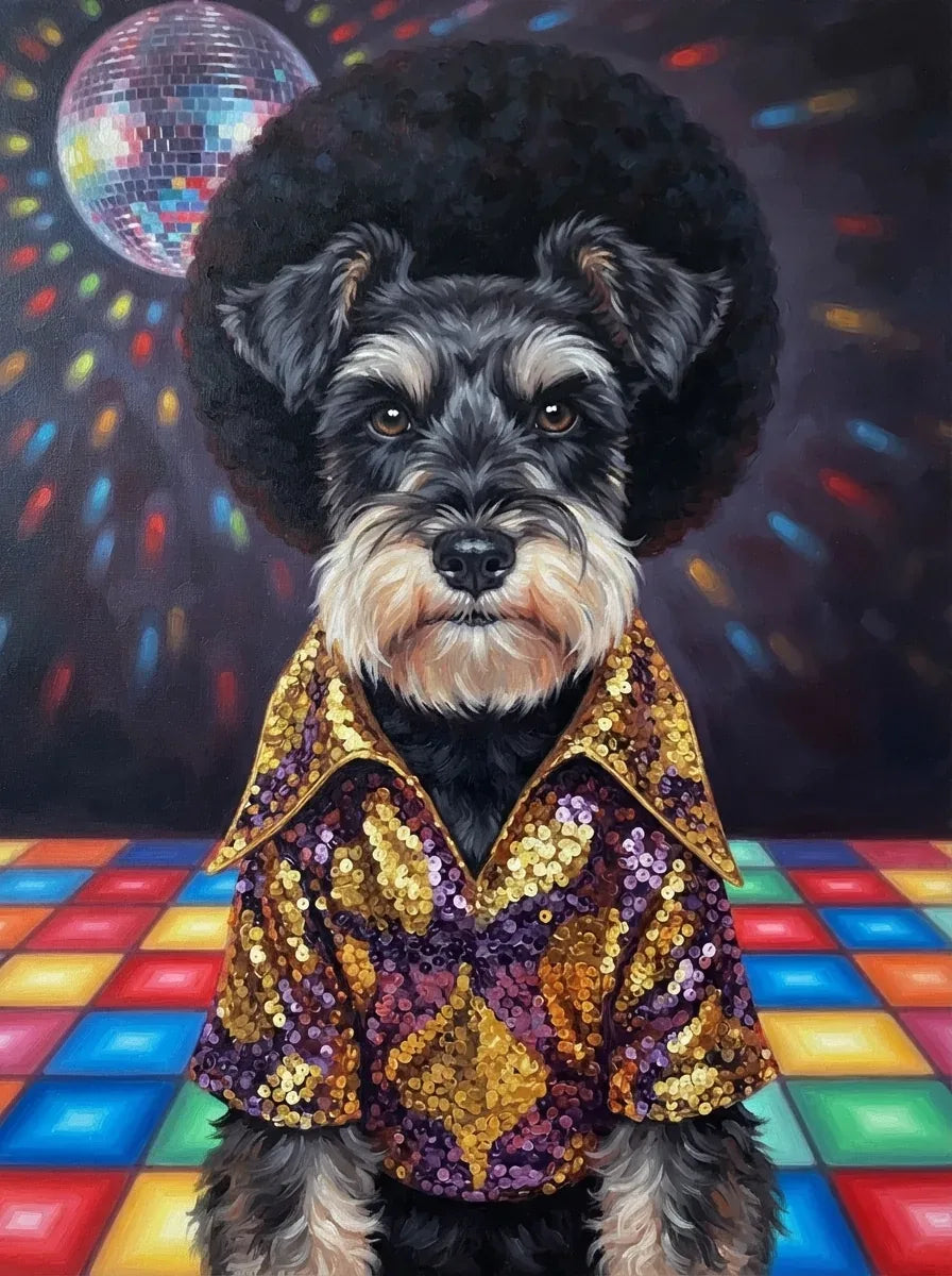 Thea, la schnauzer, sur une piste de disco, en tenue disco et coiffée d’une afro